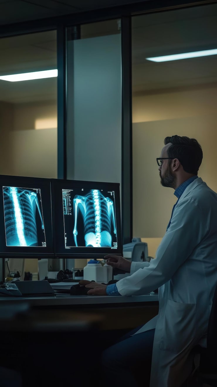 Radiology professional reviewing an X-ray image on a computer screen