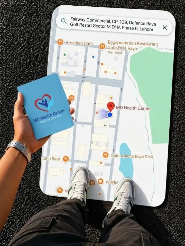 Illustrated location map showing the MD Health Center marker at Fairways Commercial, DHA Raya, Phase 6, Lahore