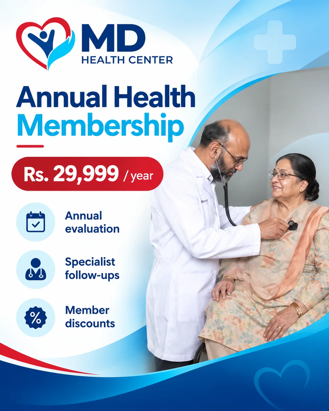 Annual Health Membership at MD Health Center Lahore, Rs. 29,999 per year; doctor examining a patient.